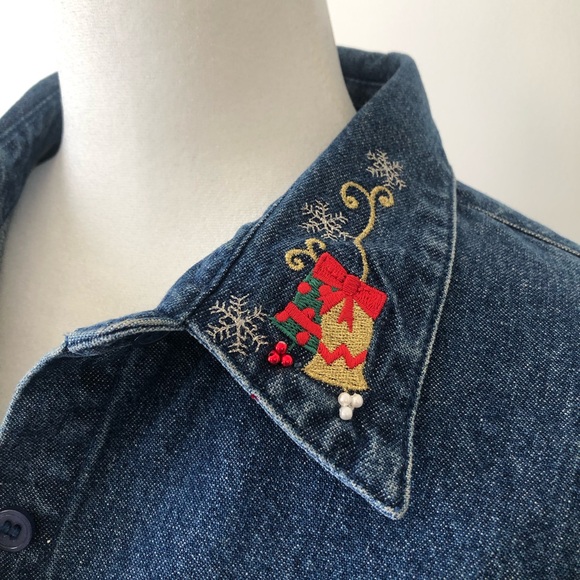 Westbound Denim Christmas Holiday Button Up Embroidered and Bead detail size L - Picture 8 of 14
